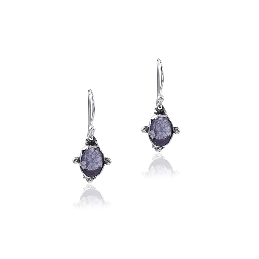 Silver-Tone Round Blue Stone Drop Wire Earring with 925 Sterling Silver