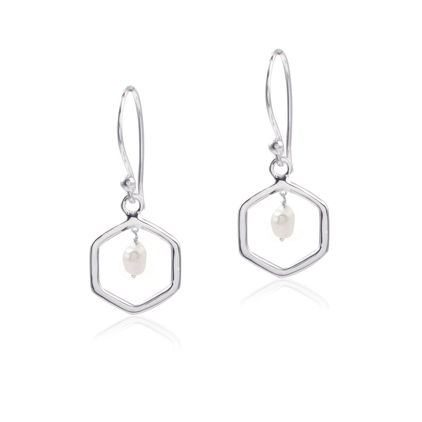 Silver-Tone wire Hook Hexagon Earring with Blue Stone Accent Gold Shiny Silver Earring