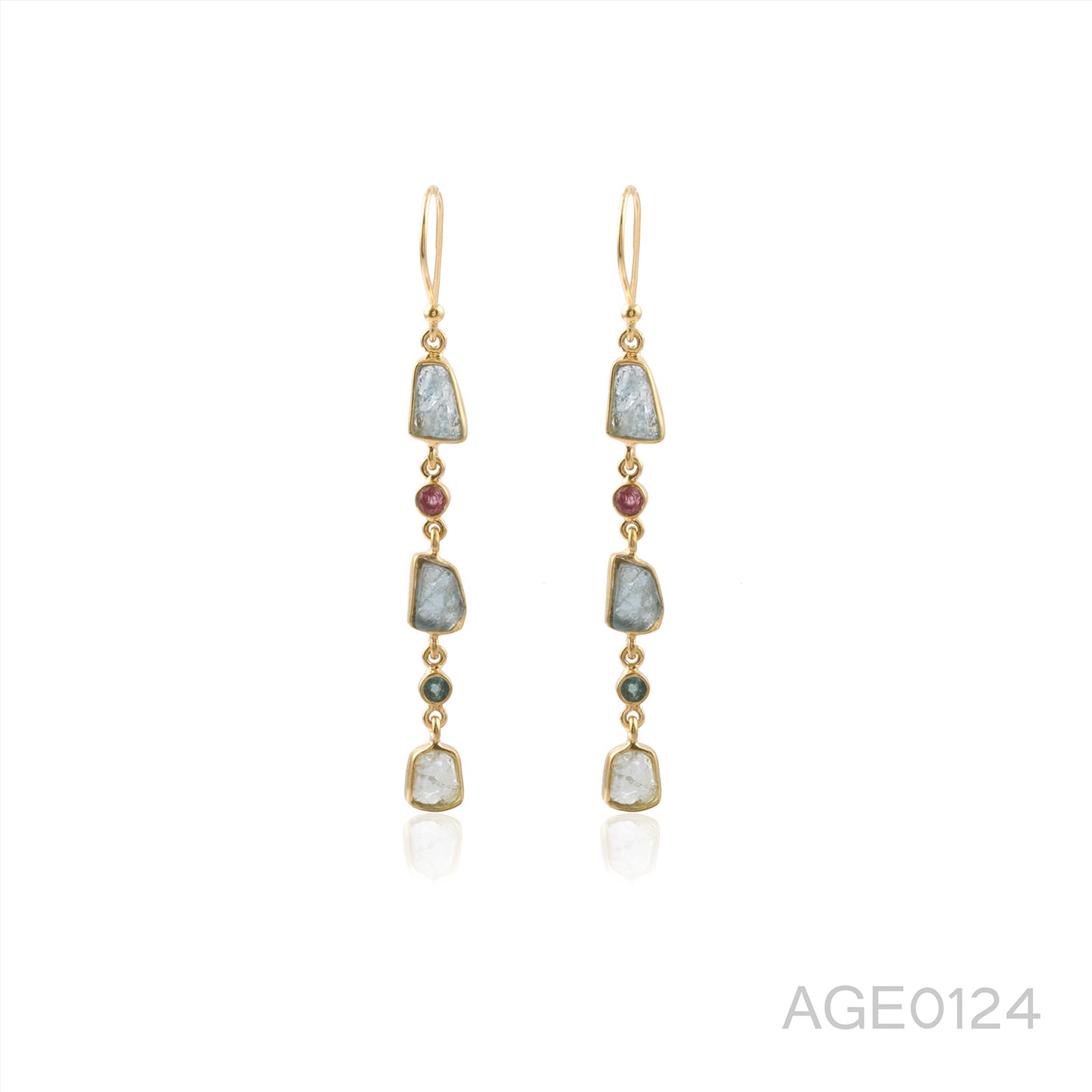 Aqua Marine, Tourmaline Rough Stone Long Chain Gold Shiny Silver Earring