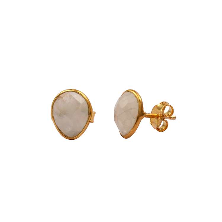 Elegant Gold Stud Earring with White Oval Stone and Smooth Bezel Setting For Women Earring