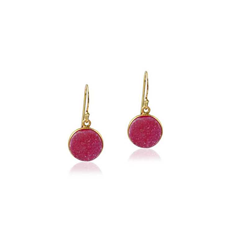 Round Pink Stone Bezel Set Drop Earring with Hook Closure Silver Earring