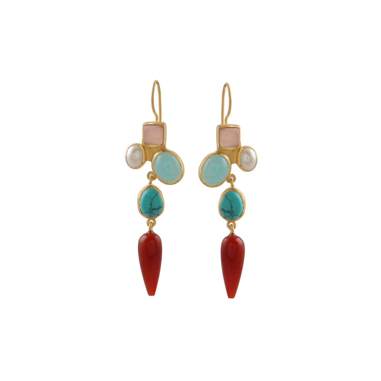Multi Stone Rose Quartz Aqua Chalcedony Turquoise and Moonstone Bezel Set Dangle Silver Earring