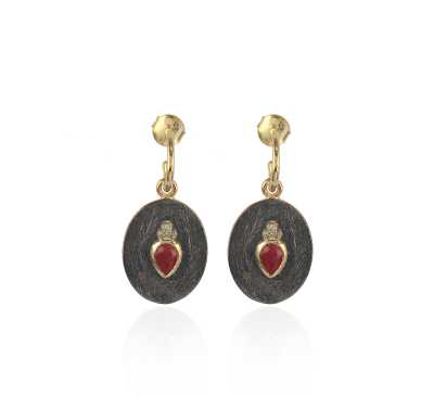Blue Disk Stud Earring with Red Heart Stone Silver Earring
