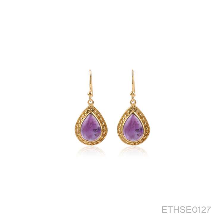 Oval Shaped Purple Color Stone Long Chain Modern Silver Earring