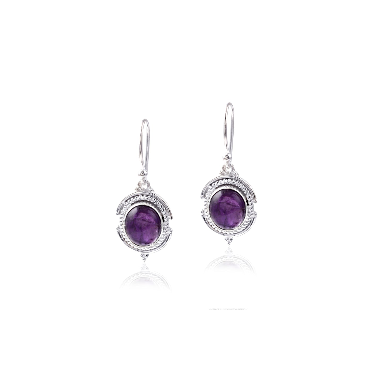 Round Purple Amethyst Stone Bezel Set Drop Earring with Hook Closure Silver Earring