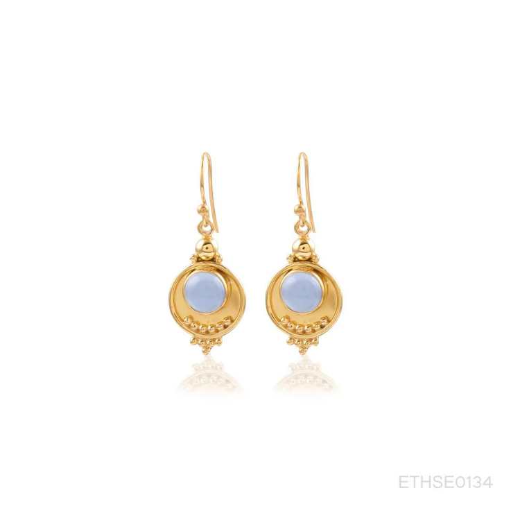 Traditional Gold Drop Earring with Light Blue Stone and Circular Hanging Design Silver Earring