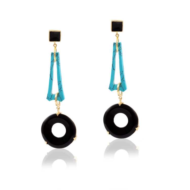Multi Gemstone Disk Shaped Ring Dangle Silver Earring