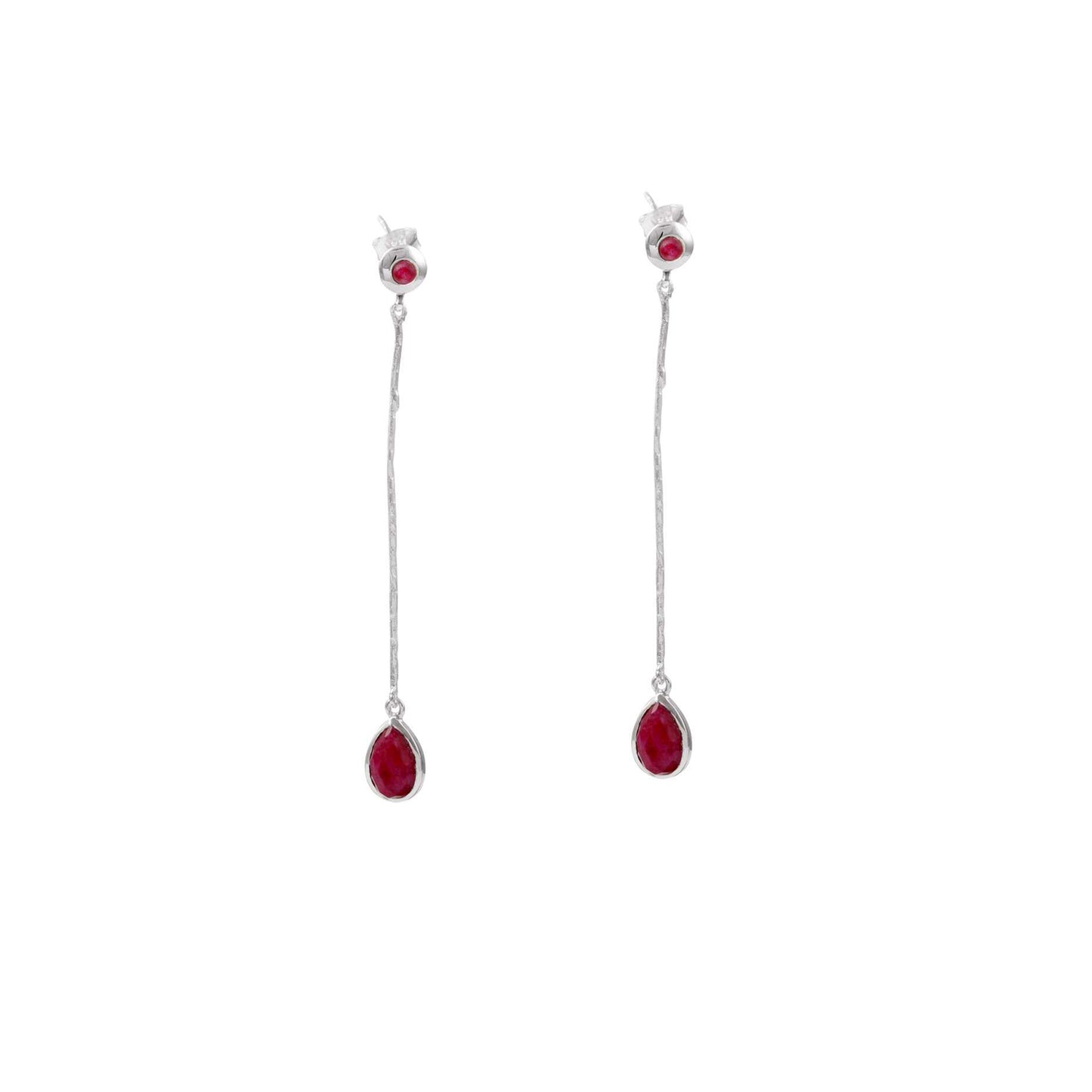 Silver Finish Long Drop Earring with Red Stone Bead Silver Earring