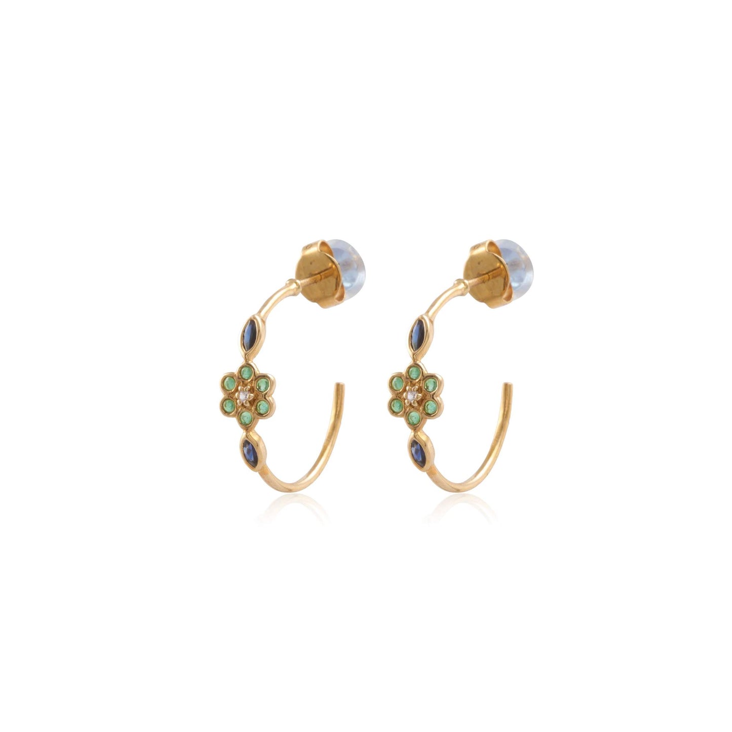 Multi Gemstone Floral Shaped Opened Hoop Gold Shiny Silver Earing