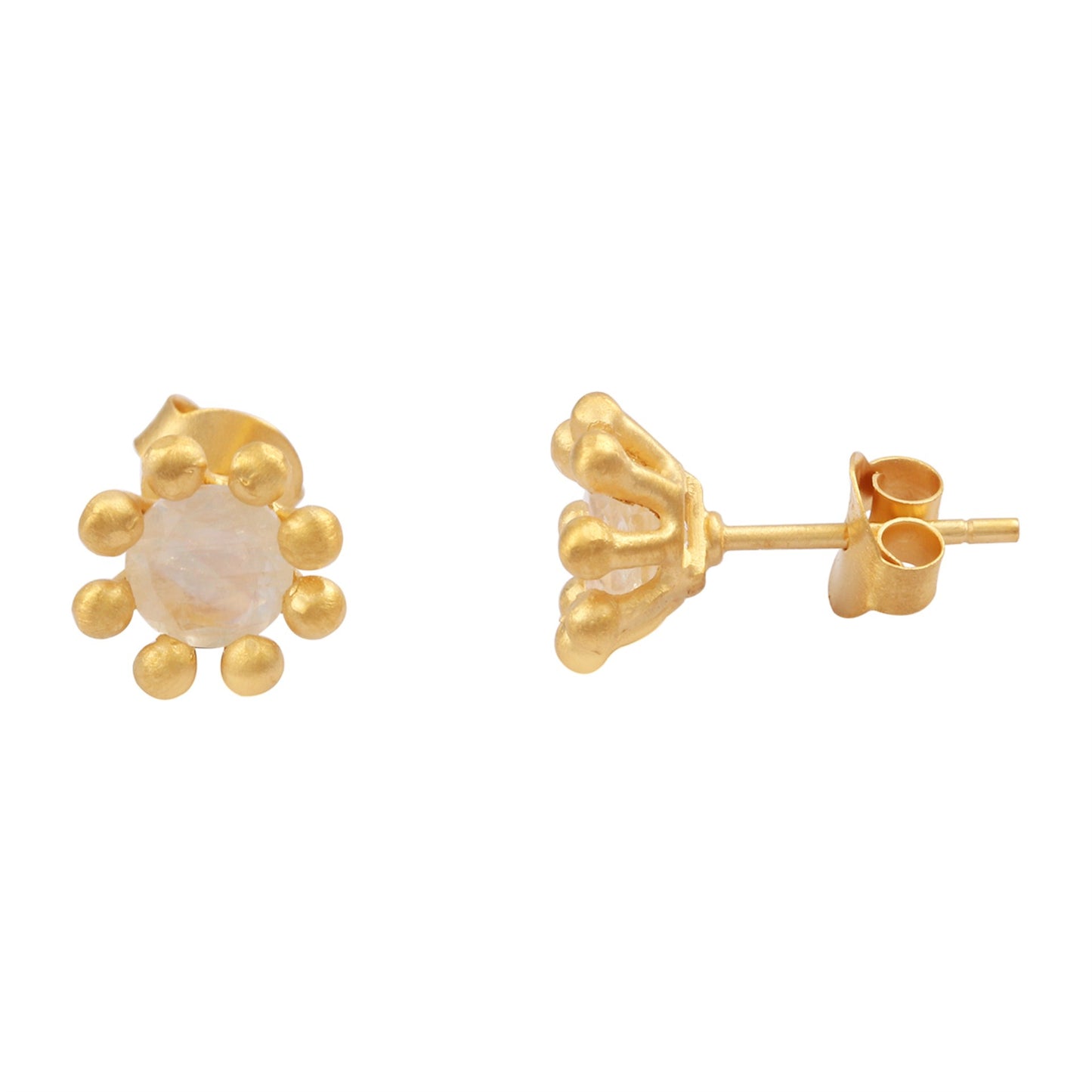 Gold-Tone Stud Earring with Round Clear Stone and Beaded Halo Silver Earring