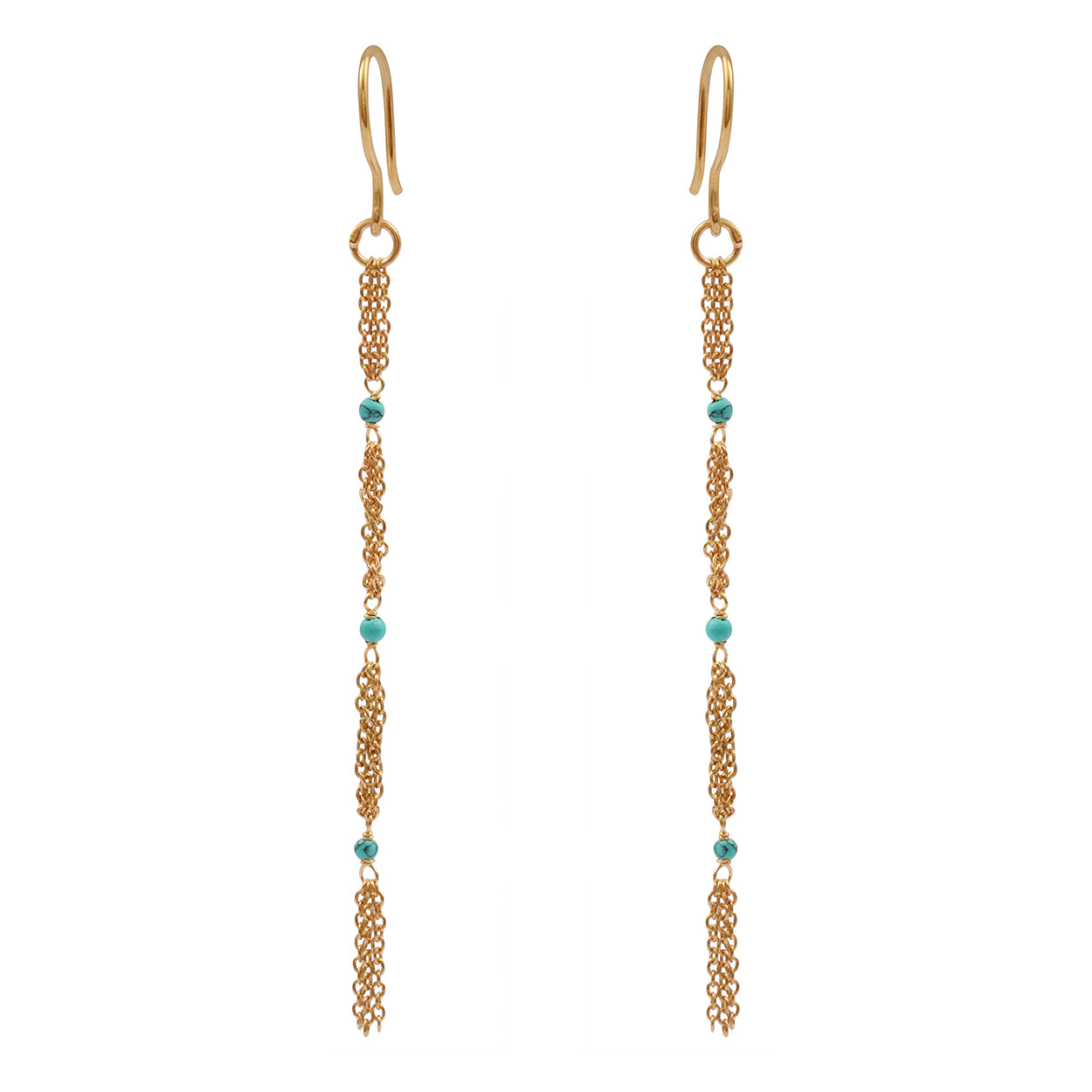 Minimal Turquoise Beaded Long Chain Dangle Earring in Gold Plated Silver With French Hook