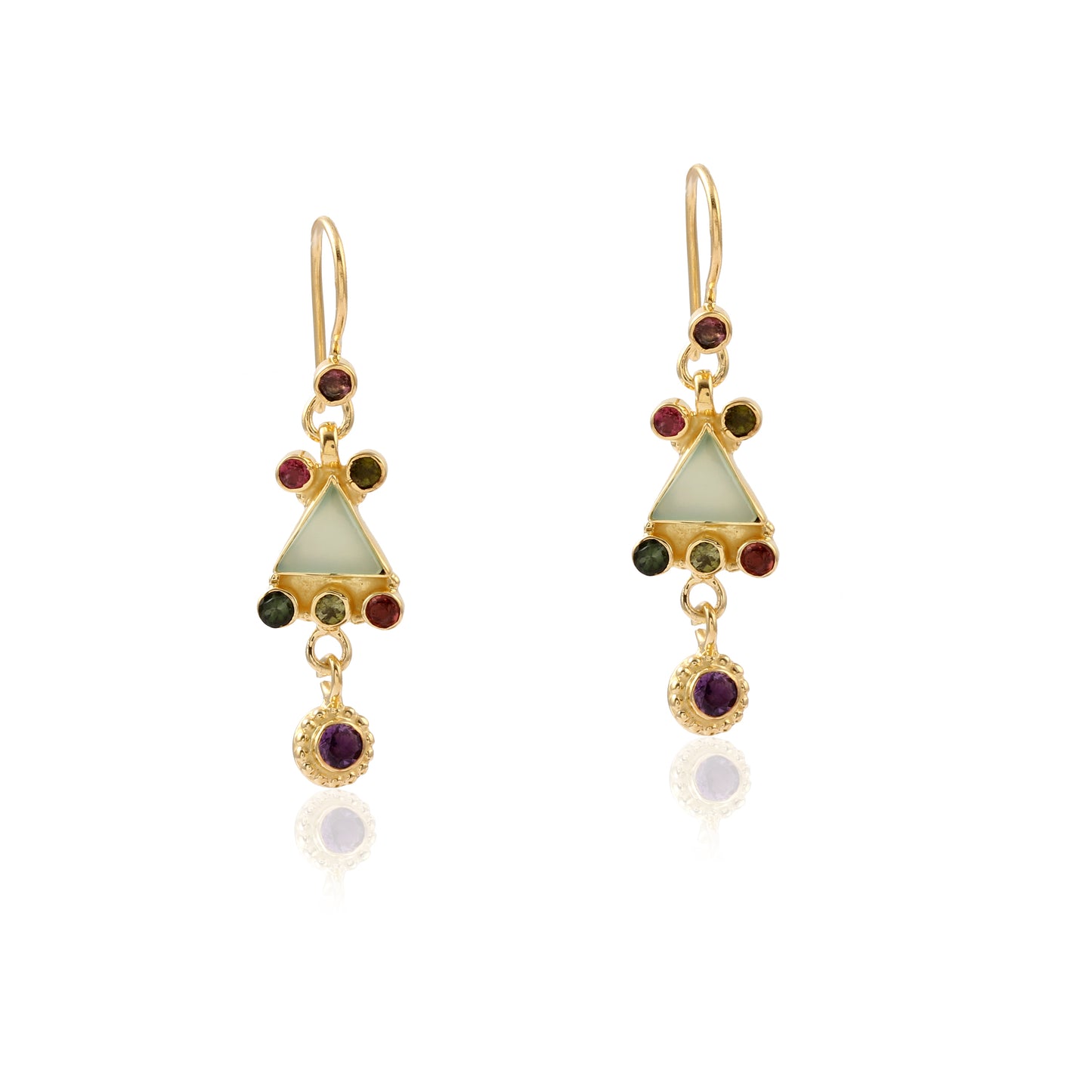 Gold-Tone Triangle Earring with Multi Color Stones and Drop Bead Silver Earring
