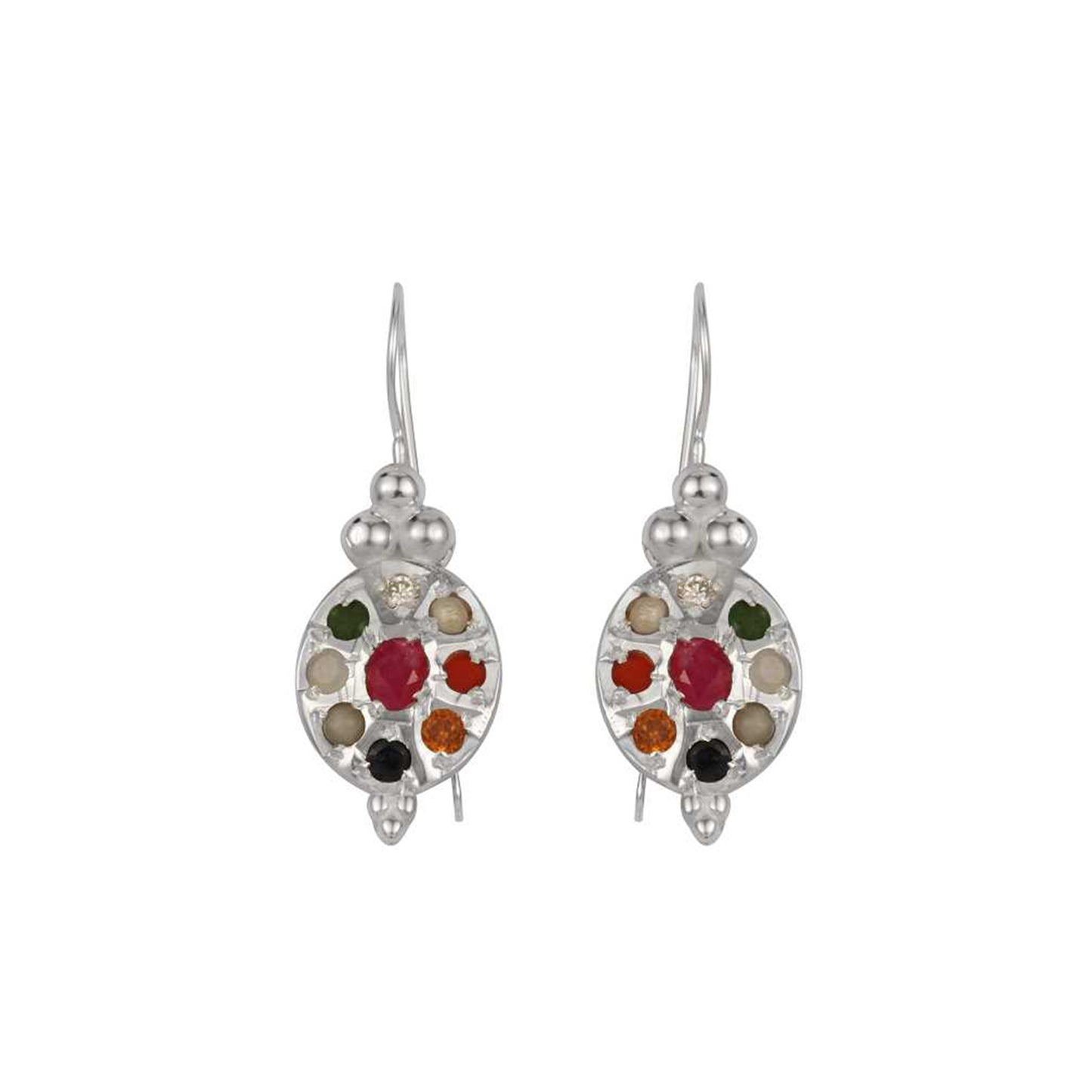 Multi Stone Oval Shaped Hook Drop Silver Earring