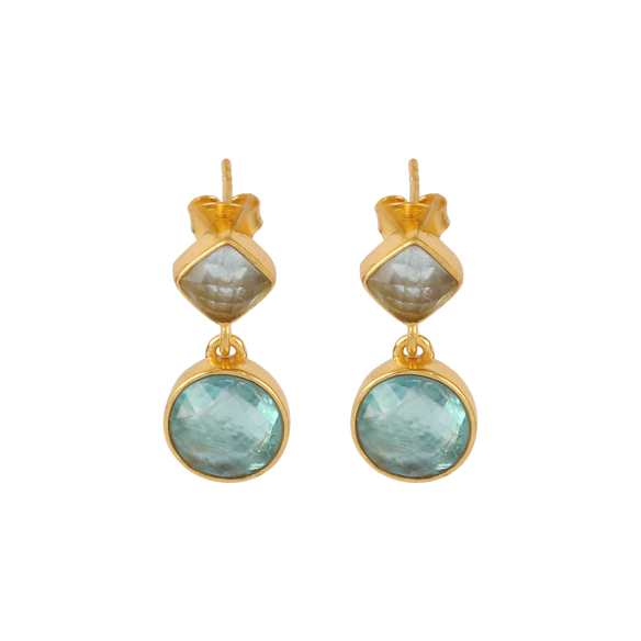Gold Finish Smokey and Blue Stone Oval Drop Silver Earring
