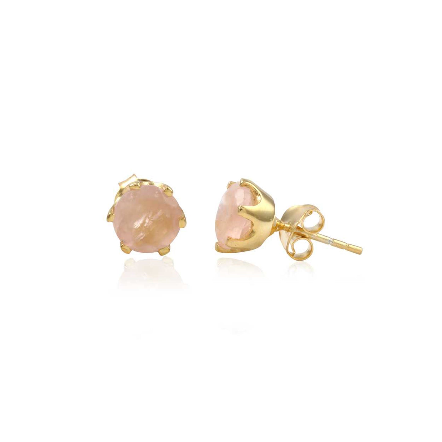 Rose Quartz Rough Stone Round Shaped Single Stone Shiny Silver Earring