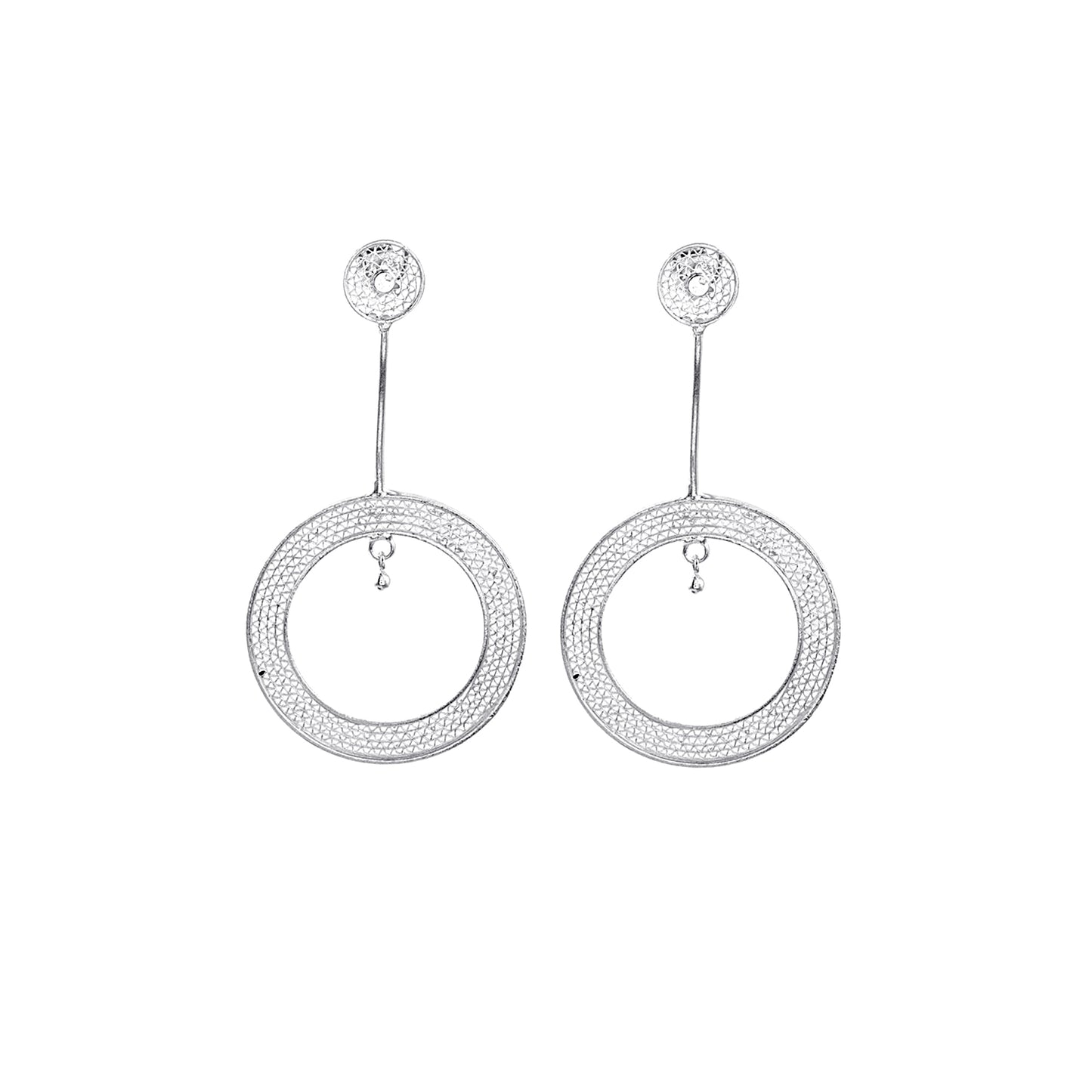 Long Drop Hollow Disk Shaped Shiny Silver Earring for Party wear