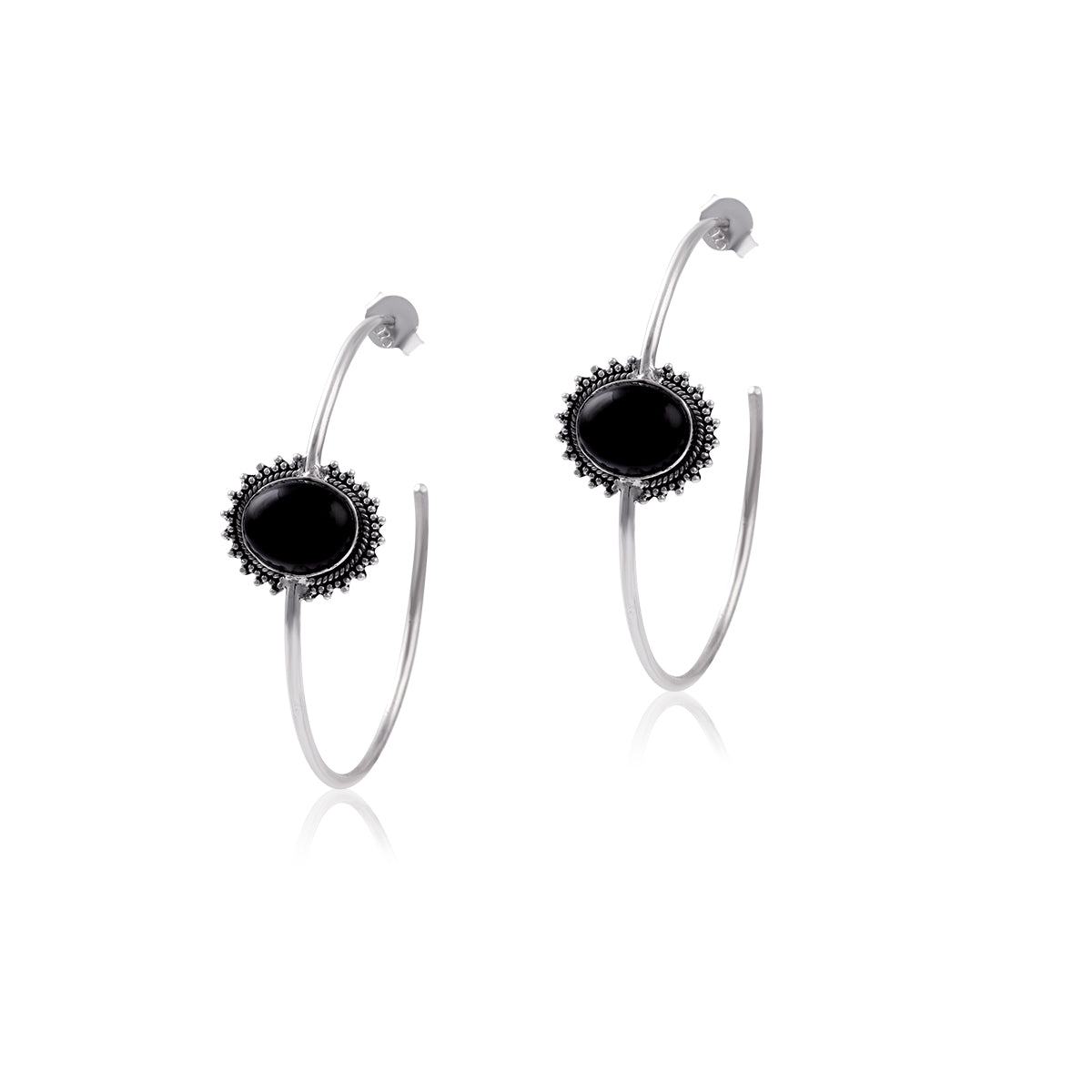 Ethnic Black Onyx Gemstone Rawa Studded Silver Earring for Women