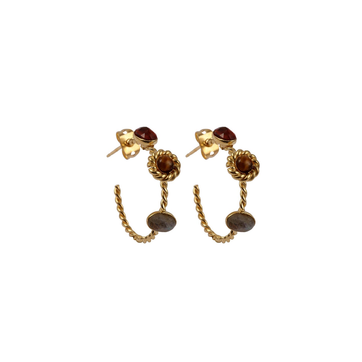 Rough Cut Garnet Open Hoop Glod Plate Shiny Silver Earring
