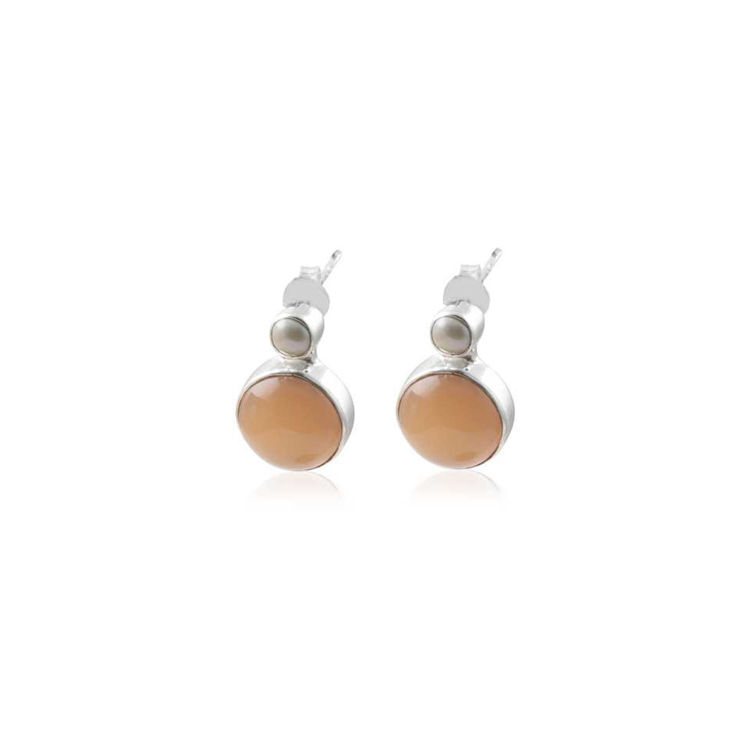 Peach Moonstone Oval-round Dangle Multi Stone Stud Silver Earring