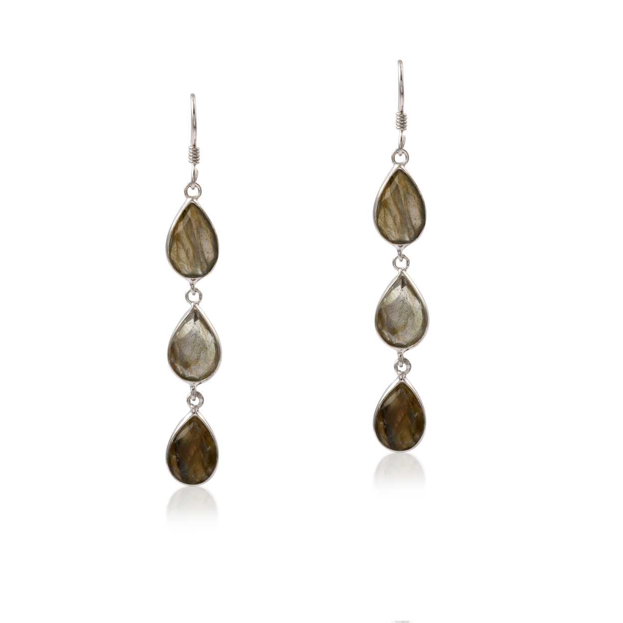 Labradorite Pearl Shaped Multi Gemstone Long Chain Gold Shiny Silver Earring