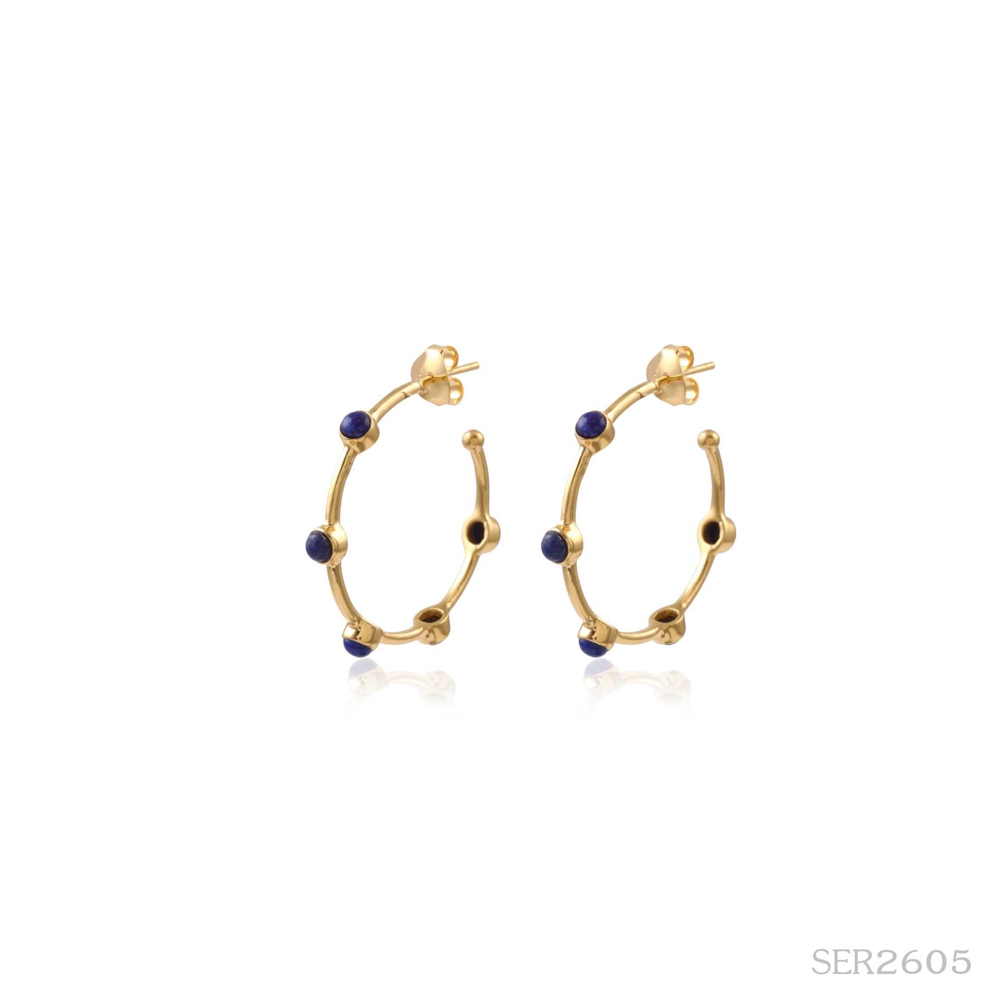 Handcrafted Silver Hoop Earring with Blue Stone Accents Open Hoop Silver Earring