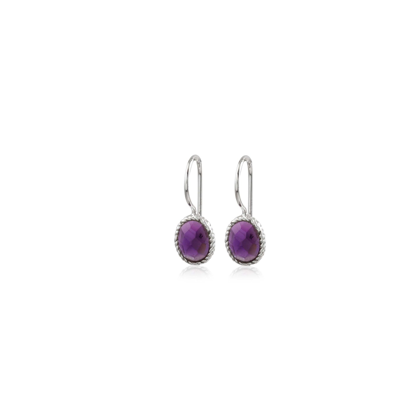 Silver-Tone Round Amethyst Bezel Drop Earring with Hook
