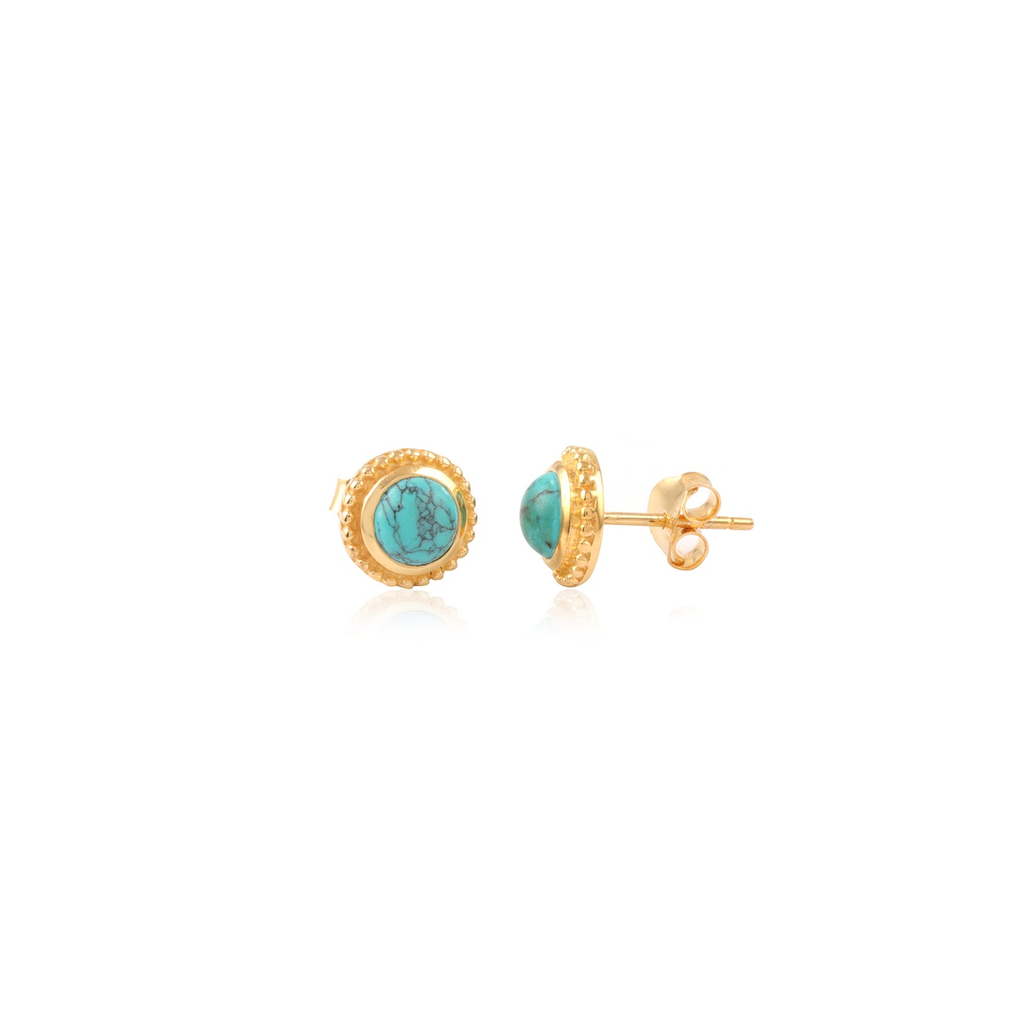 Turquoise Round Bezel Set Stud Earring with Push Back in Gold Finish