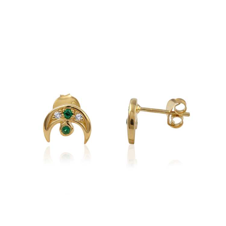 Green Gemstone Moon Curve Stud Earring with Bezel Setting in Gold Elegant Handmade Designer Jewellery Earring