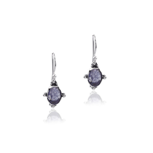 Silver-Tone Round Blue Stone Drop Wire Earring with 925 Sterling Silver