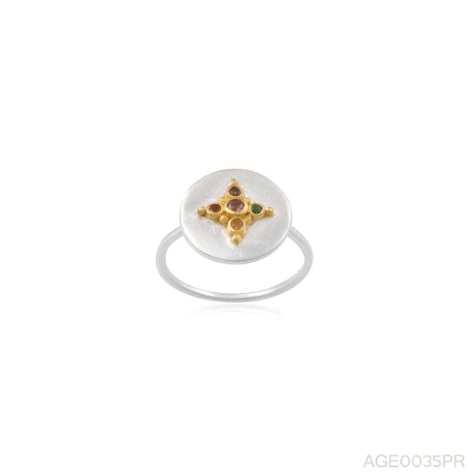 Disk Shape Multi Gemstone Silver Ring With 925 Sterling Silver