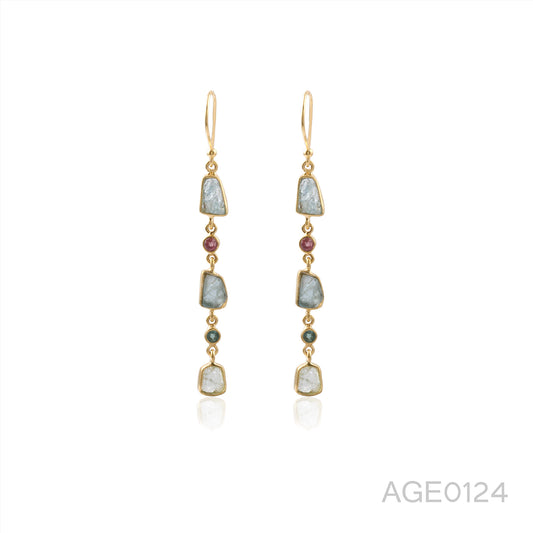 Aqua Marine, Tourmaline Rough Stone Long Chain Gold Shiny Silver Earring