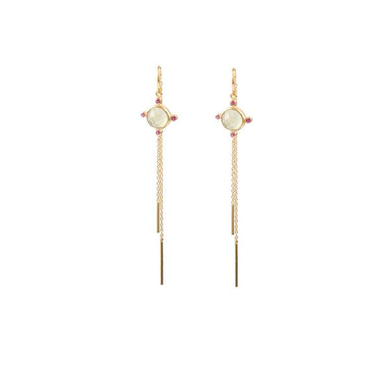 Gold Tone Long Chain Multi Gemstone Gold Shiny Silver Earring