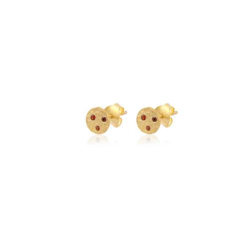 Minimal Gold Stud Earring with Small Red Stone Detailing and Round Disc Design Earring for Women