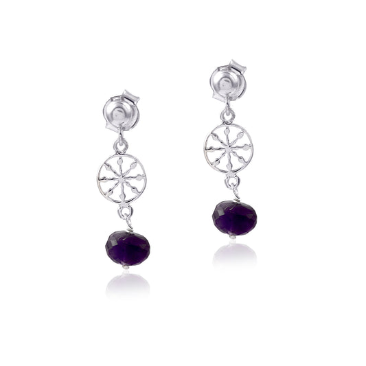 Elegant Silver Engraved Disc Drop Earring with Dark Stone Bead Silver Earring