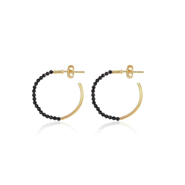 Black Onyx Beaded Open Hoop Gold Shiny Silver Earring