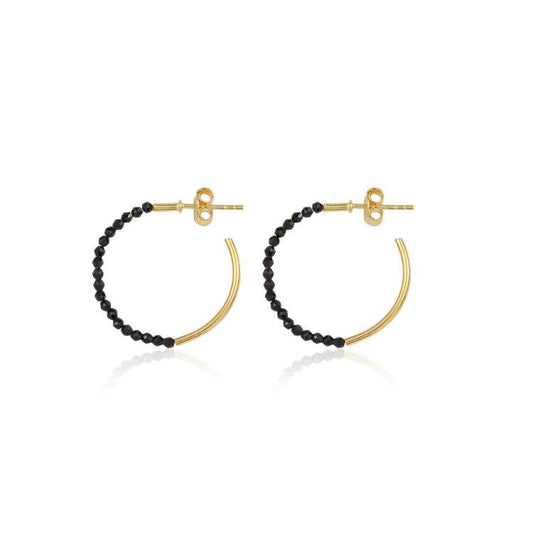 Black Onyx Beaded Open Hoop Gold Shiny Silver Earring