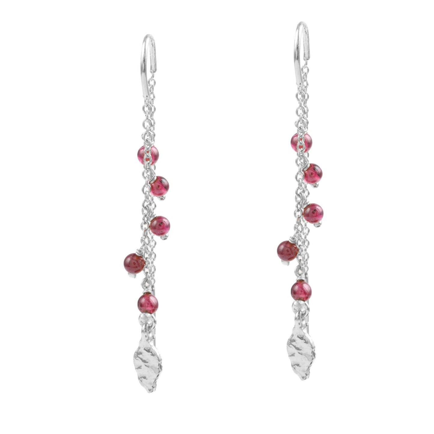 Pink Stone Bead Chain Drop Hooked Silver Earring