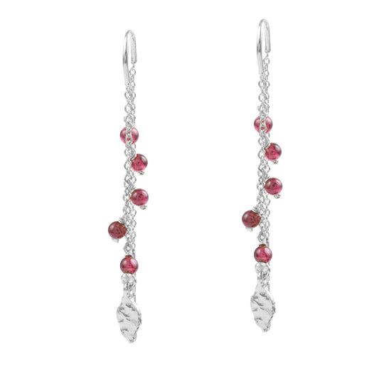 Pink Stone Bead Chain Drop Hooked Silver Earring