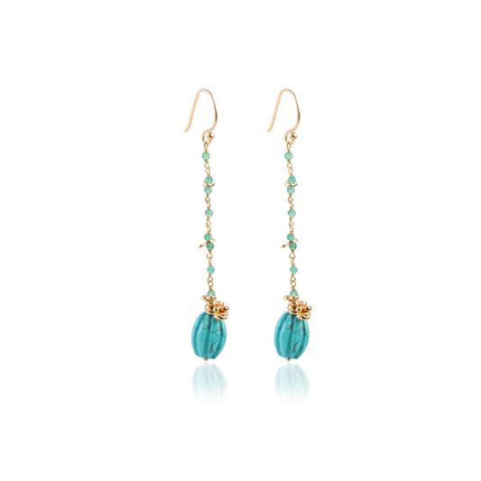Long Aqua Beaded Chain Drop Earring with Blue Oval Beads Silver Earring