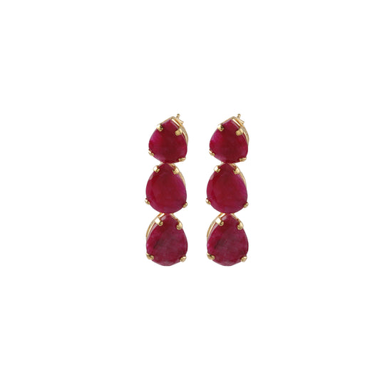 Red Stone Triple Drop Gemstone Gold Frame Silver Earring