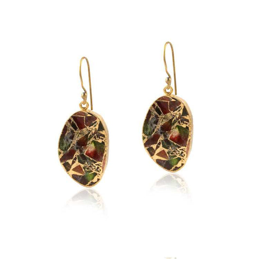 Multicolour Mosaic Stone Oval Dangle Silver Earring with Hook