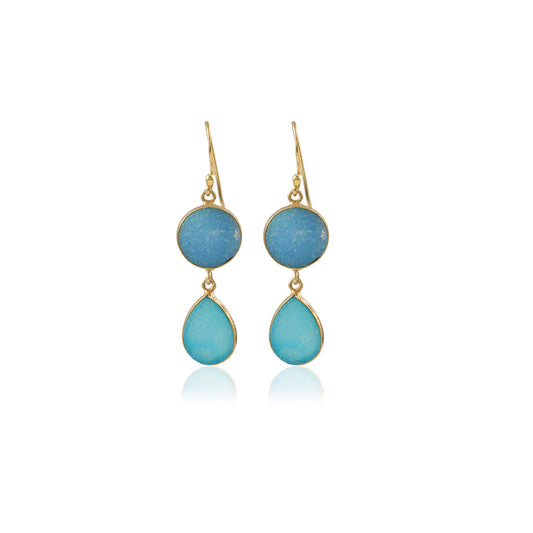 Blue Druzy Multi Stone With Round and Drop Shaped Gold Shiny Silver Earring