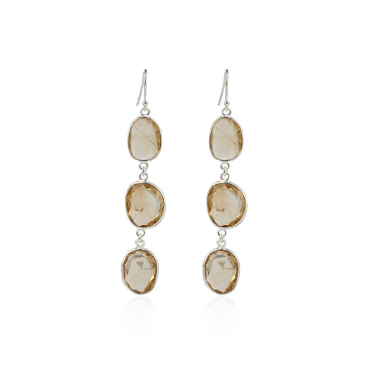 Multi Gemstone Long Chain Drop Bezel Stone Silver Earring