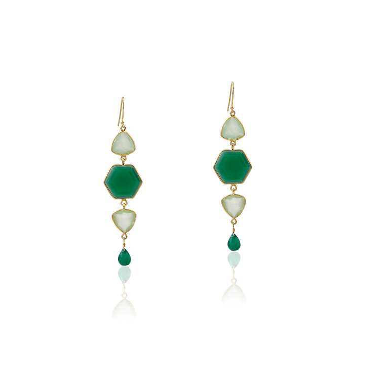 Green Onyx and Aqua Chalcedony Geometric Bezel Set Multi Stone Dangle Earring in Gold Plated Silver