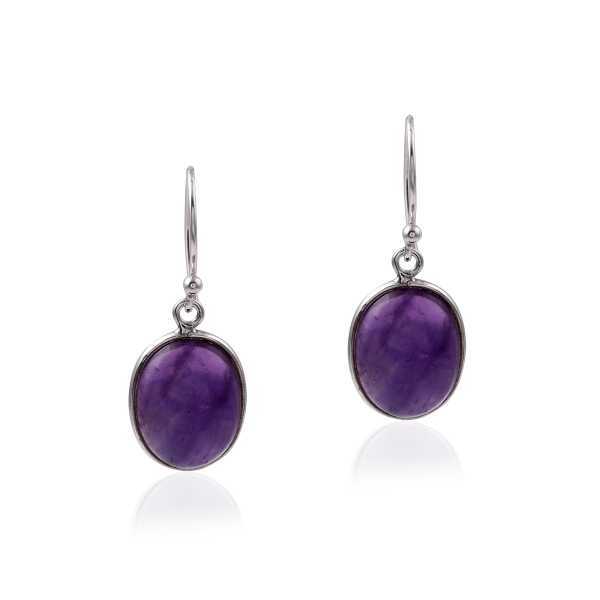 Natural Amethyst Round Bezel Set Dangle Earring in 925 Sterling Silver with French Hook