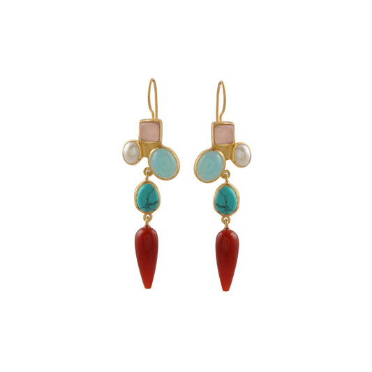 Multi Stone Rose Quartz Aqua Chalcedony Turquoise and Moonstone Bezel Set Dangle Silver Earring