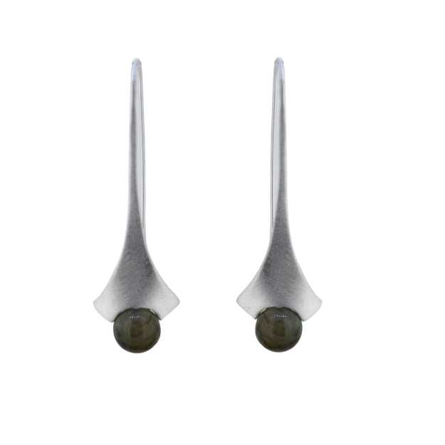 Long Ball Drop Sleek Vertical Stick Design with Round Bead Modern Silver Earring