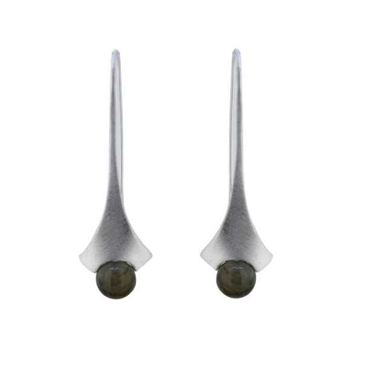 Long Ball Drop Sleek Vertical Stick Design with Round Bead Modern Silver Earring