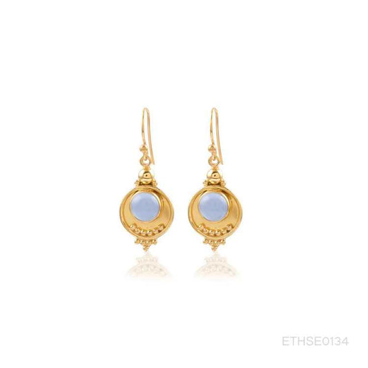 Traditional Gold Drop Earring with Light Blue Stone and Circular Hanging Design Silver Earring