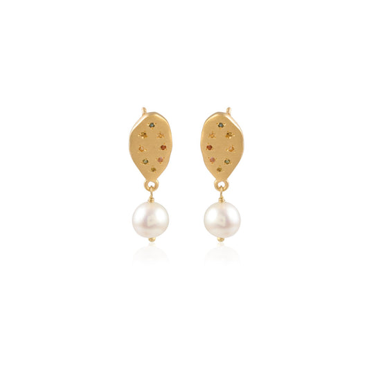 Gold Finish Leaf Stud Earring with Pearl Drop Silver Earring